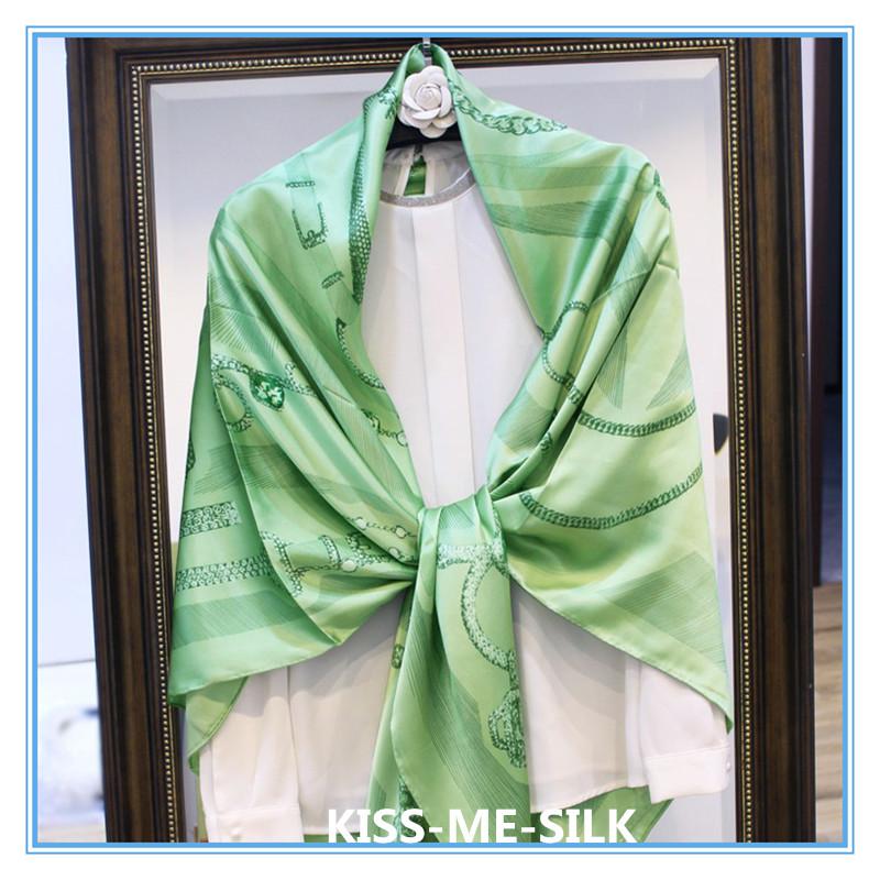 

KMS Fresh Green Gem Chain square scarf silk shawl crepe satin shawl scarf for Women 140*140CM/125G