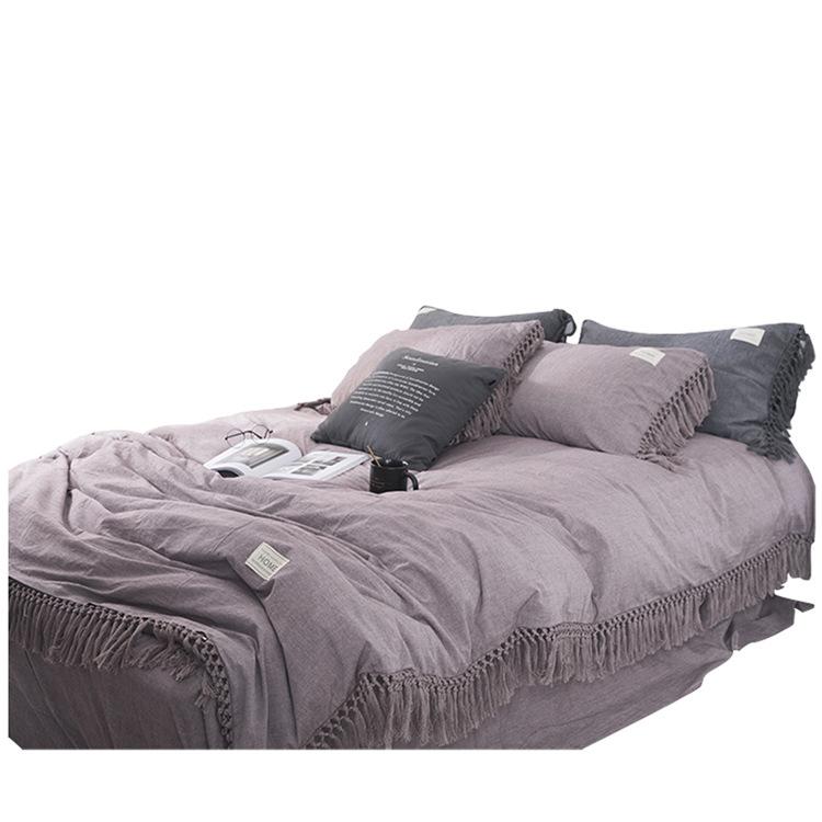

Nordic pure washed cotton four-piece set tassel solid color duvet cover bed linen, Gray