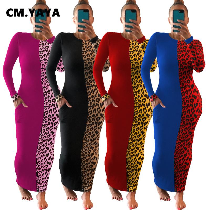 

CM.YAYA Autumn Winter Vintage Leopard Print Patchwork Women Midi Maxi Dress Sexy Party Club Deep Long Sleeve Pencil Long Dresses, Black