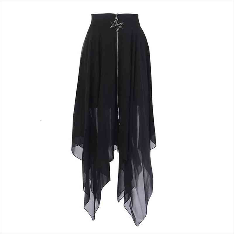 

Summer Mesh Irregular Women Skirts Pentagram Zipper Black Punk Skirts Gothic Darkness Lady Skirt Casual Loose Streetwear