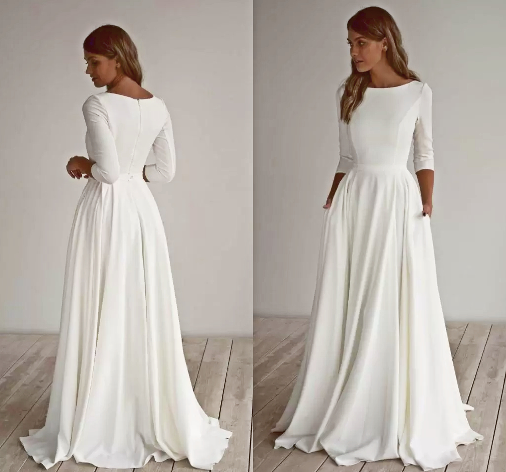 

2022 Elegant Simple Modest Wedding Dresses Bridal Gowns 3/4 Sleeves with Pockest Sweep Train Pleats Informal Boho Country Formal Dress Custom Made, White