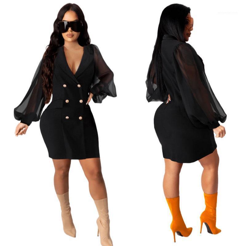 

Lantern Sleeve Dress Women Breasted Mesh Patchwork Sexy Blazer Dresses Deep V Neck Elegant Night Party Vestidos Dropshipping1, Black