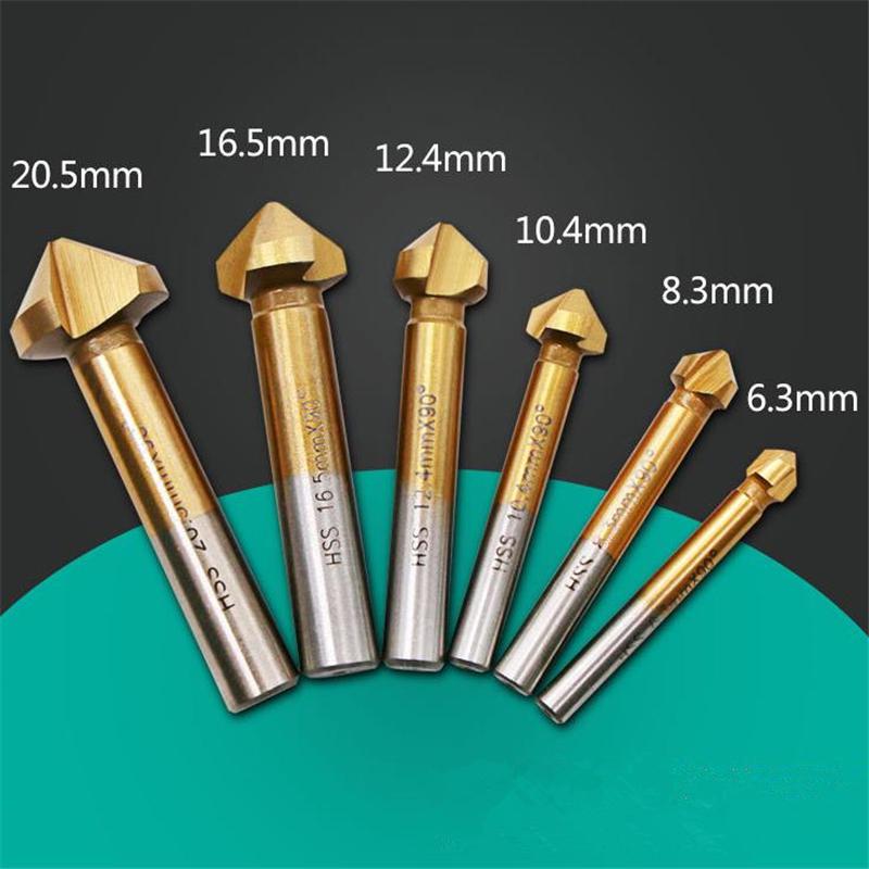 

6pcs Round shank 3 Flute Titanium Chamfer 90 Degree Chamfering End Mill Cutter Countersink Drill Bit Set 6.3-20.5mm