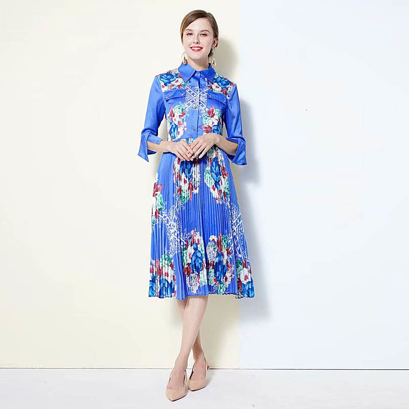 

Xf Shirt Chiffon Plissado Flor Print Half Blue Summer Women of High Casual Quality As Holidays Gx4c