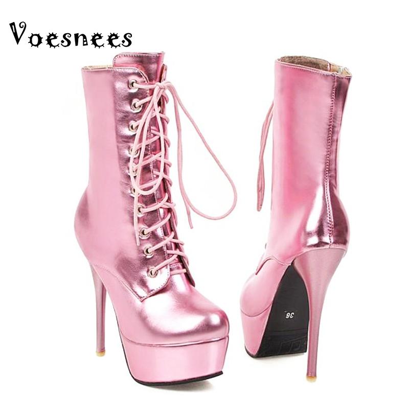

Voesnees Short Boots Women 2020 New Fashion Pointed High Heels 13.5cm Stiletto Shoes Large Size Lace Up Autumn And Winter Boots, Gold