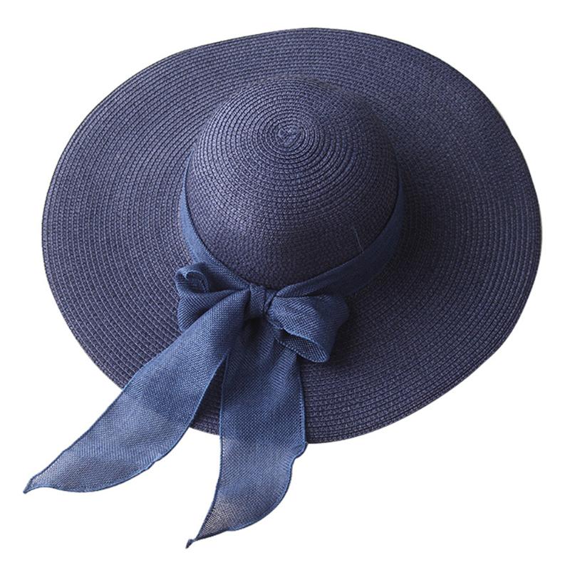 

Women Straw Foldable Travel Sunscreen Hot Summer Wide Brim Portable Bowknot Outdoor Anti UV Fashion Sun Hat Beach Casual, Navy blue