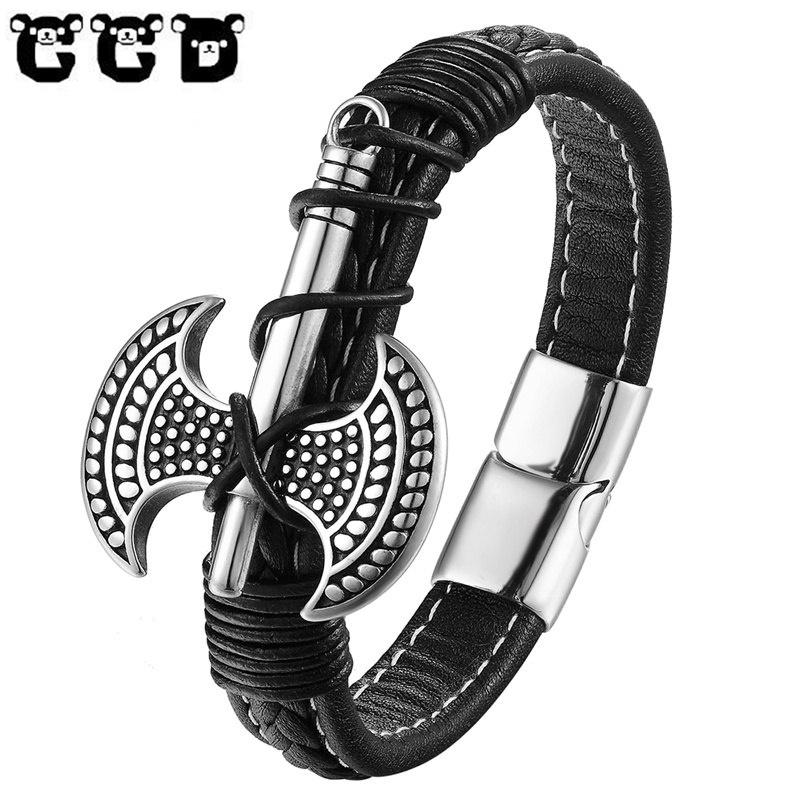 

New personality axe men's bracelet Genuine leather stainless steel bracelet Handmade Braided Vintage Punk Jewelry Pulseras gift