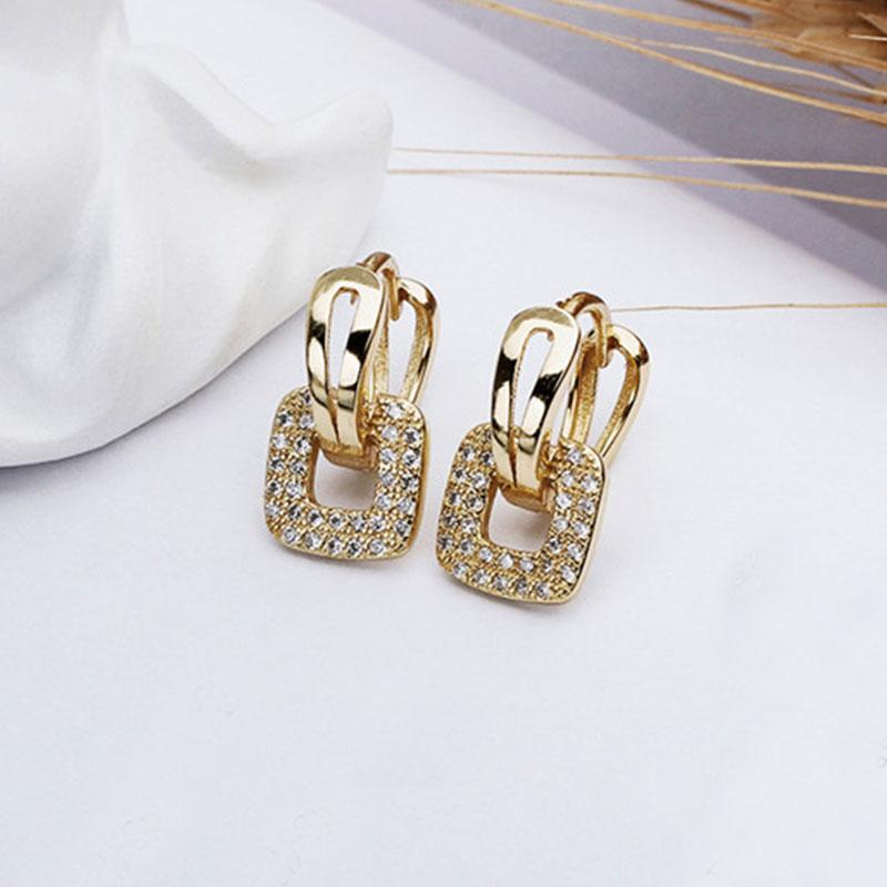 

YPAY 100% Real 925 Sterling Silver Gold Plated Cluster Paved Zircon Square Huggie Hoop Earrings for Womens Jewelry YME236