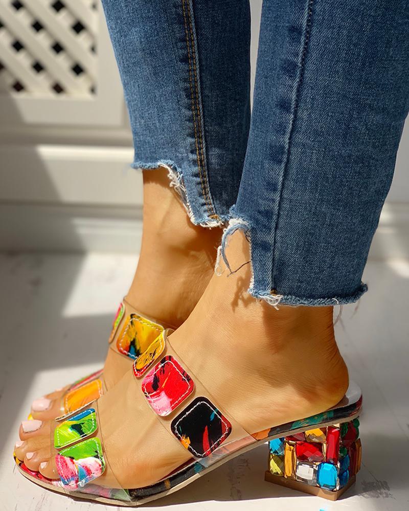 

2021 Big Size 41 Fashion Lady slipper Crystal Square Heels Summer Women's Shoes Women Sandals Leisure woman Slippers Shoes Woman, Colorful