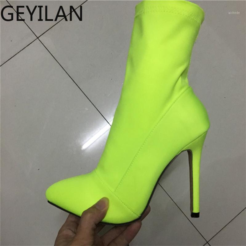 

2019 Plus Size 42 Women Fetish Silk Sock Boots 11.5cm High Heels Stretch Stiletto Heels Red Neon Green Ankle Boots Peach Shoes1, Black