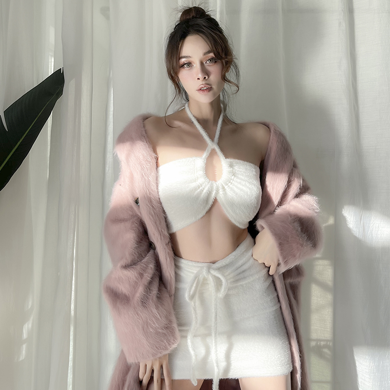 

2021 Autumn New Sexy Fashion Thin White Cabresto Off the Shoulder Short Upper Cut Show Shorter Leg Length Mini Skirt 2 Female Ensemble FRKO