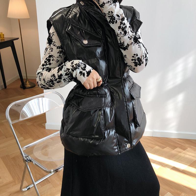 

2021 New Down Vest Casual Women Short Vest Windproof Lightweight Warm Waistcoat Female White Duck Down Coat Sleeveless, Black