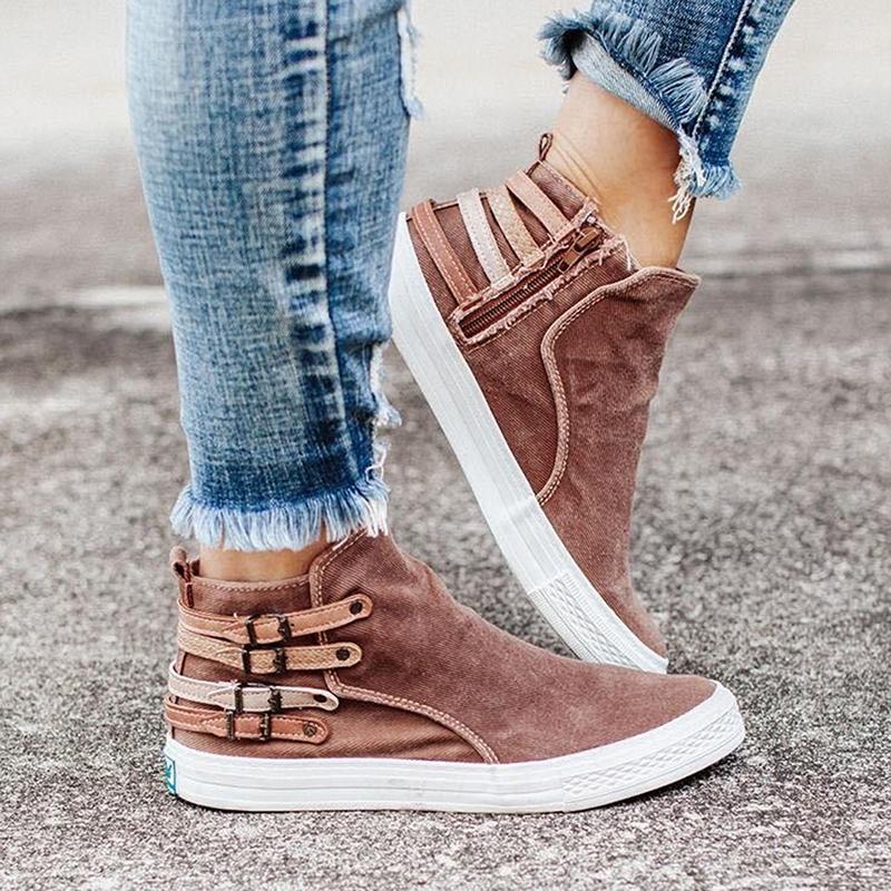 

2021 Women Ankle Boots Gladiator Denim Flats Booties Autumn Flat Shoes Woman Sneaker Causl Zipper Fashion Female Shoes Plus Size1, Khaki