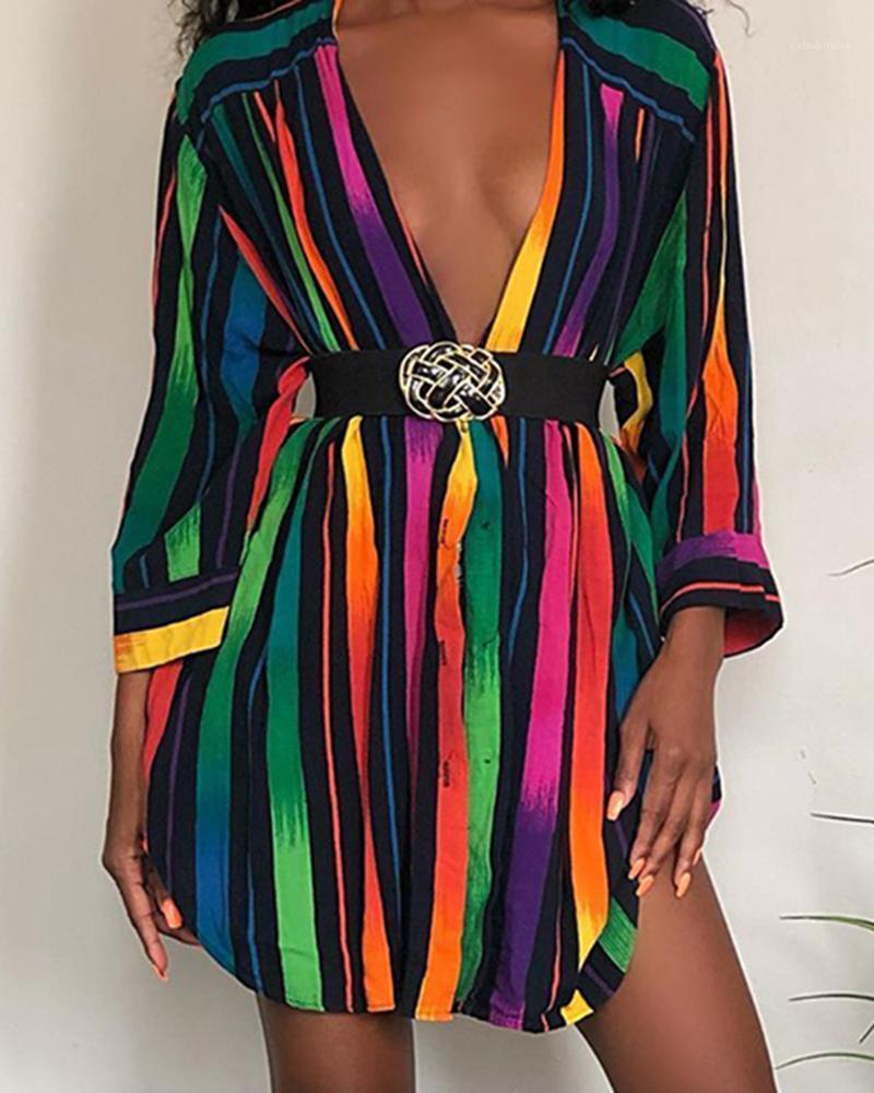 

Sleeve Plus Size Women Clothing Womens Designer Shirt Dresses Fashion Rainbow Colors Striped Printed Summer Dress Long, 11