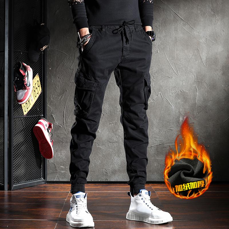 

Fashion Winter Black Cargo Pants Men Many Pockets Casual Fleece Warm Slim Trousers