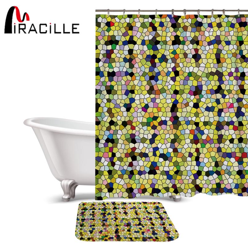 

Miracille Multi-colored Blocks Shower Curtain Mat Sets Bathroom Non-slip Absorbent Pad Polyester Bath Curtains Sets 12 Hooks