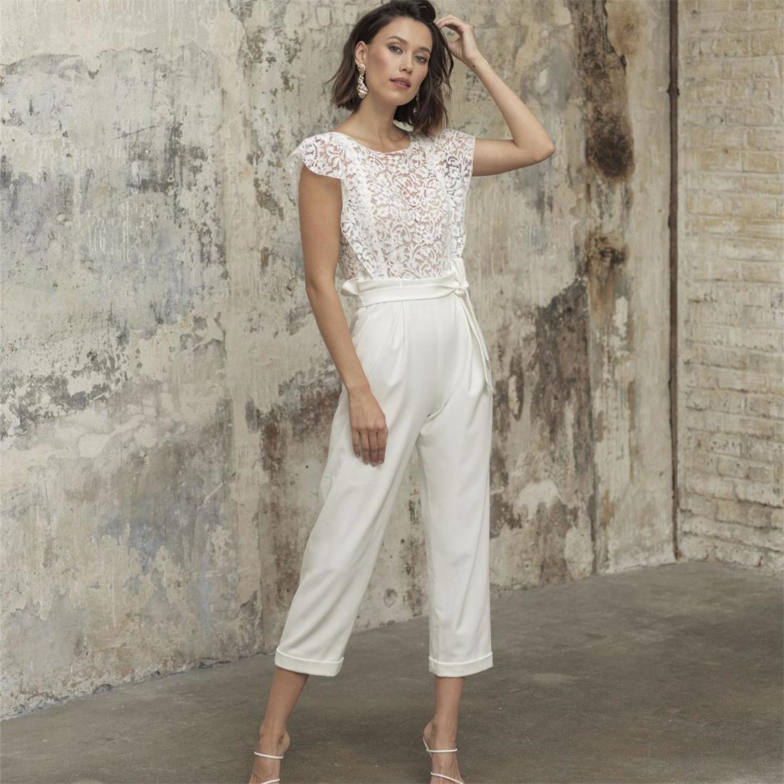 

Designer Jumpsuit Beach 2021 Wedding Dresses Jewel Neck Lace Backless Ankle Length Bridal Outfit Pant Suits Summer Wedding Gowns, Lavender