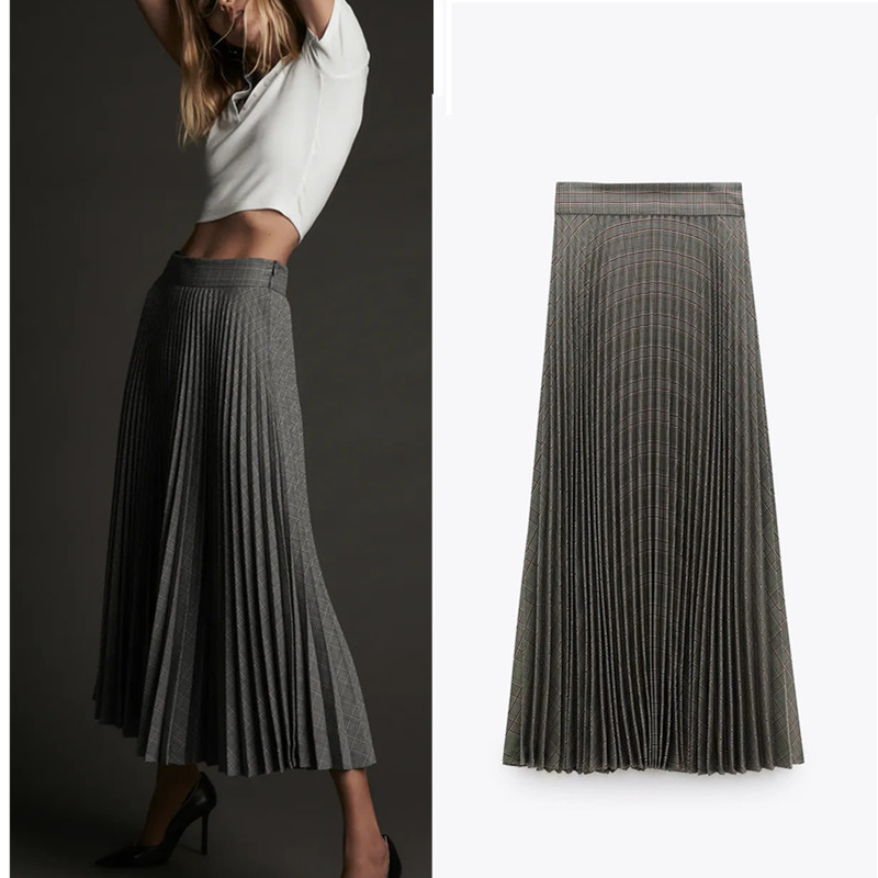 

2021 New Vintage Plaid Pleated Women A-line High Waist Midi Skirt Woman Fashion Side Zipper Office Laddies Elegant Skirts Vjna