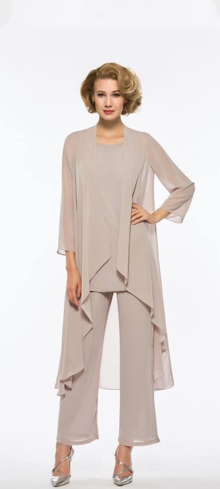 Plus Size Mother Of The Bride Pant Suit 3 Piece Chiffon for Guest Wedding Mother Dress Long Sleeves Godmother dresses-image-753565956