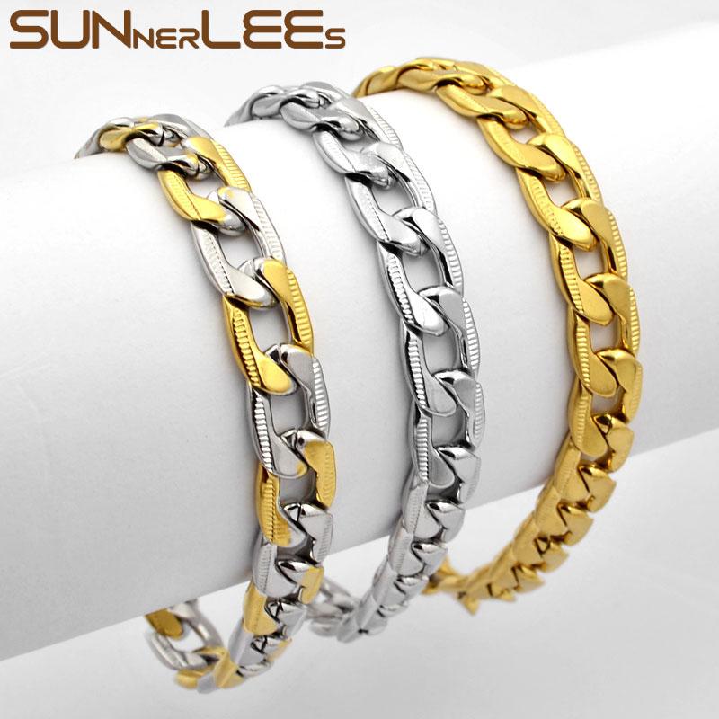 

SUNNERLEES Fashion Jewelry Stainless Steel Bracelet 9mm Curb Link Chain Silver Color Gold Plated Mens Womens Gift SC26 B