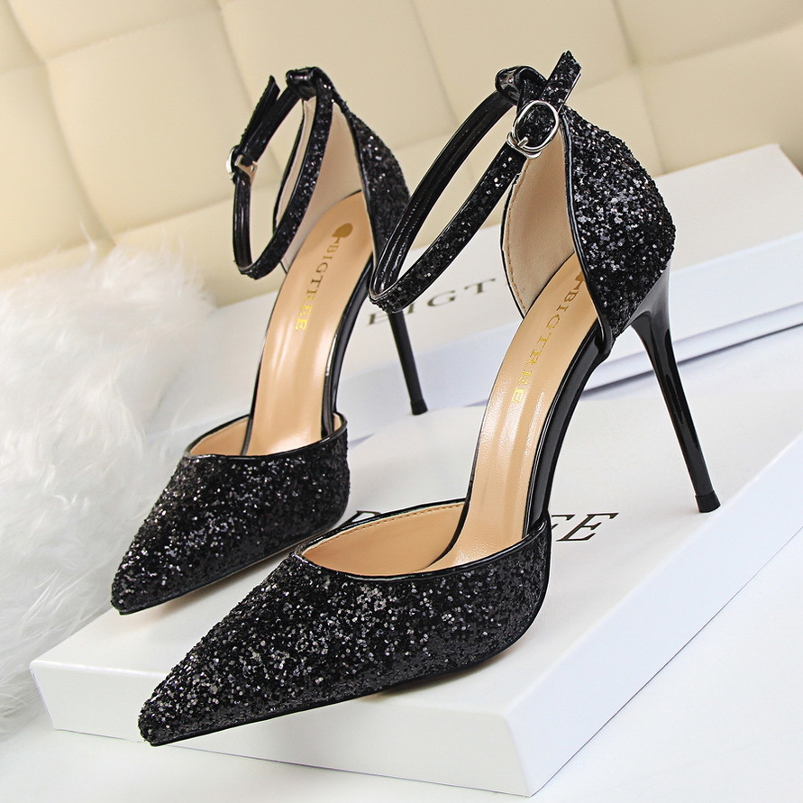 

2020 sexy 9.5cm high-heeled sandals wedding sequins belts fetish glitter pumps scarpins party shoes GI7N, Champagne nine.