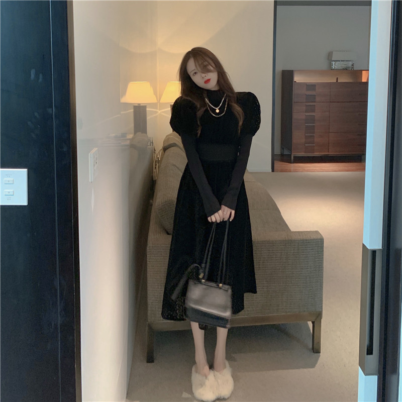 

2021 Autumn Women's Clothes Sets Two New Winter 2 Pieces Define Elegant Dress in High-waisted Lace Shirts Knitted or Crocheted Sexy GLV7, Black