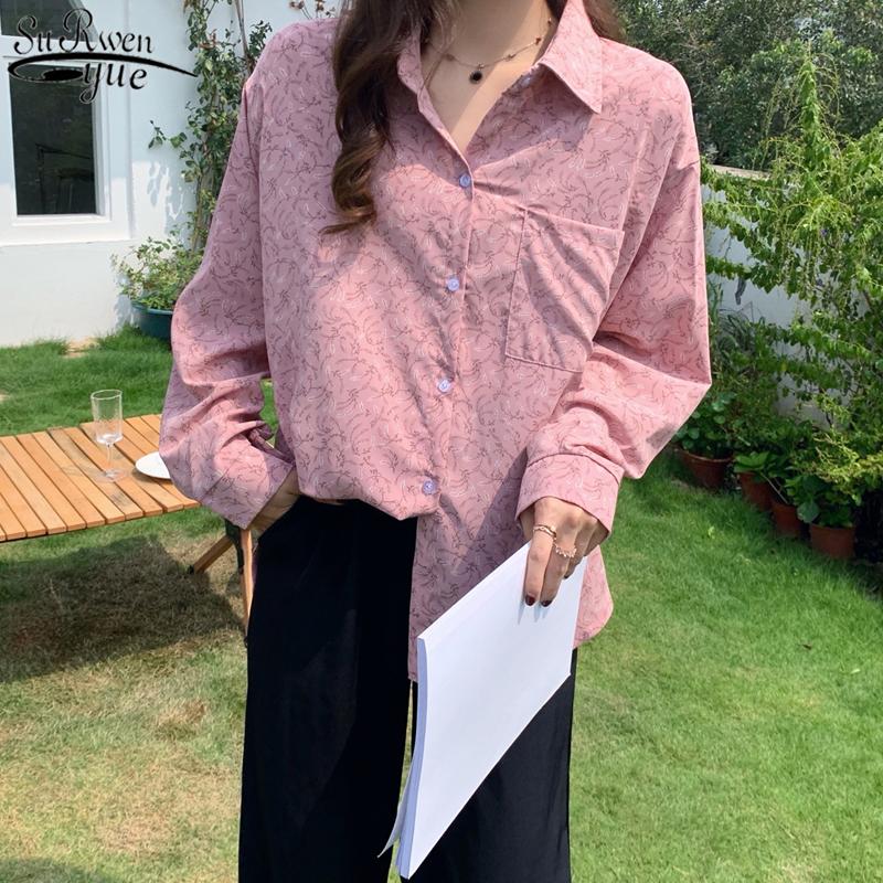 

2021 Autumn Retro Casual Printed Lapel Long Sleeve Women' Shirts Floral Chiffon Blouse Plus Size Loose Women' Clothing 11137, Pink