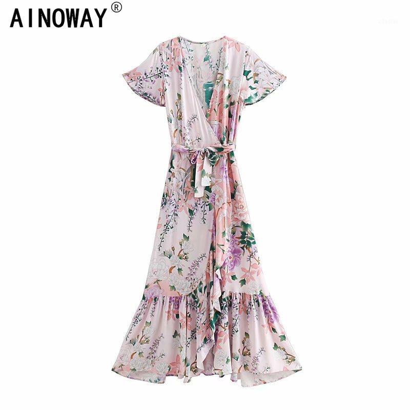 

Vintage chic women pink Floral print bat sleeve beach Bohemian maxi dress Ladies cross V neck sashes Boho dress vestidos1