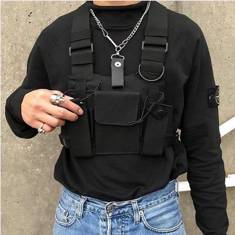 

Black Hip Hop Streetwear Chest Rig Bag For Men Functional Waist Packs Adjustable Pockets Waistcoat fashion Chest Bags