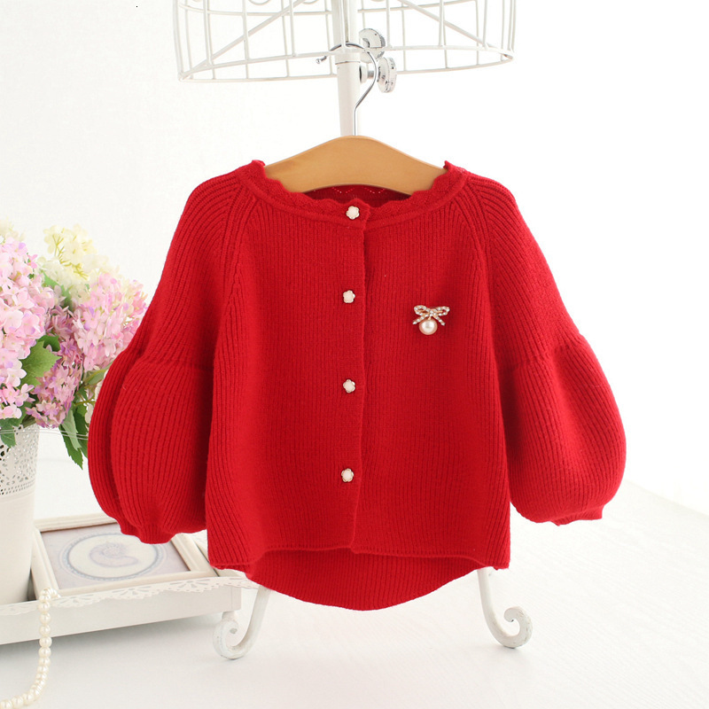 

2021 New Baby Girl Children Autumn Lantern Sleeve Bow Pearls Sequined Sweater Jacket for Girls Cardigan W33u, Red