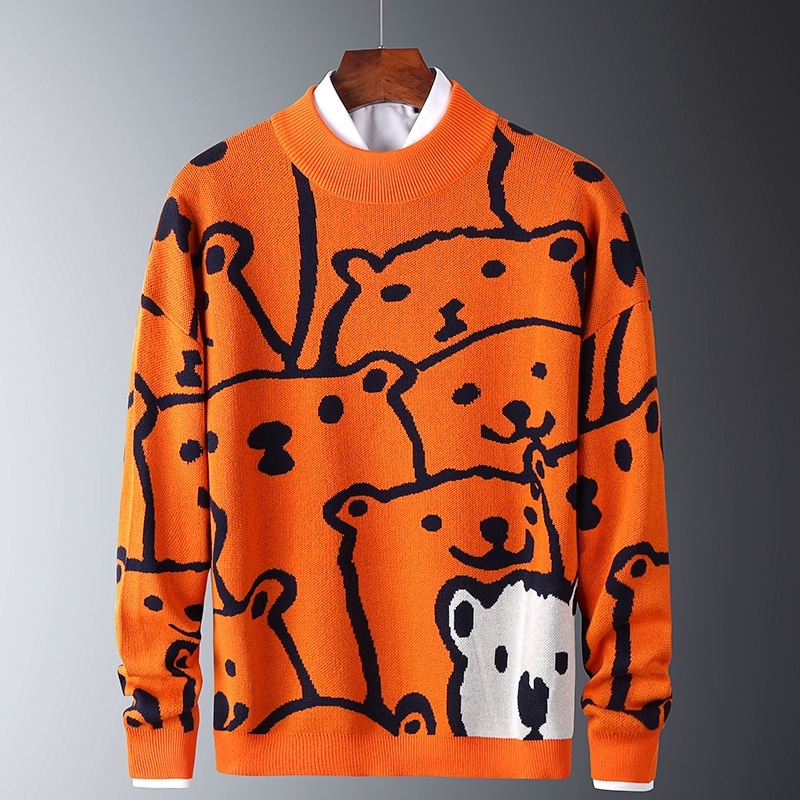 Mens Autumn Casual Sweaters Polar Bear Pattern Trendy Slim Sweaters Cotton Long Sleeve Round Collar Male Warm Pullovers Orange 201106