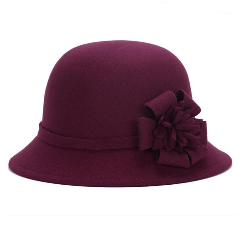 

Women Elegant Cloche Imitation Wool Round Fashion Holiday Adults Bucket Hat Autumn Winter Warm Flower Felt Vintage Bowler Cap1, Wine red