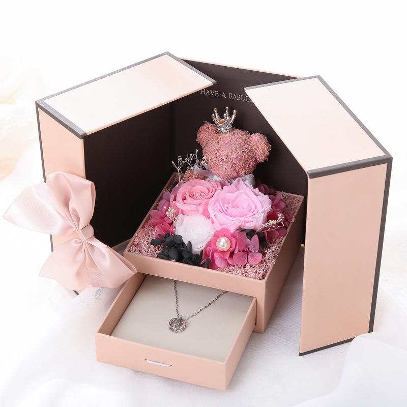 

Artificial Preserved Rose Teddy Bear Double Door Luxury Gift Box Jewelry Necklace Gift Box Christmas Valentine's Day