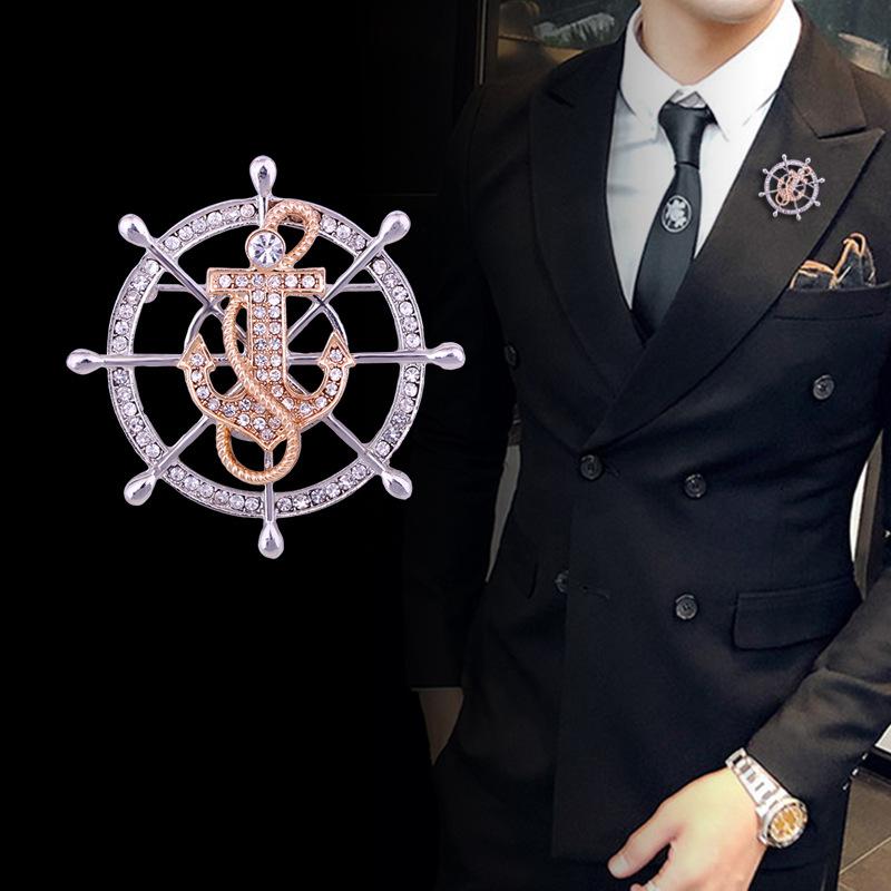 

New High-End Rhinestone Crystal Rudder Anchor Brooch Pin Men's Suit Coat Lapel Pins Badge Corsage Luxury Jewelry Accessories