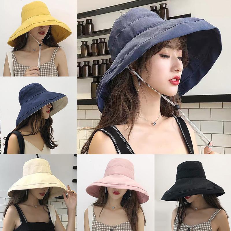 

Wide Brim Summer Flat Bucket Hat Travel Outdoor Hiking Climbing Foldable Sun Hat Ladies Simple Elegant Round Top Beach, Black