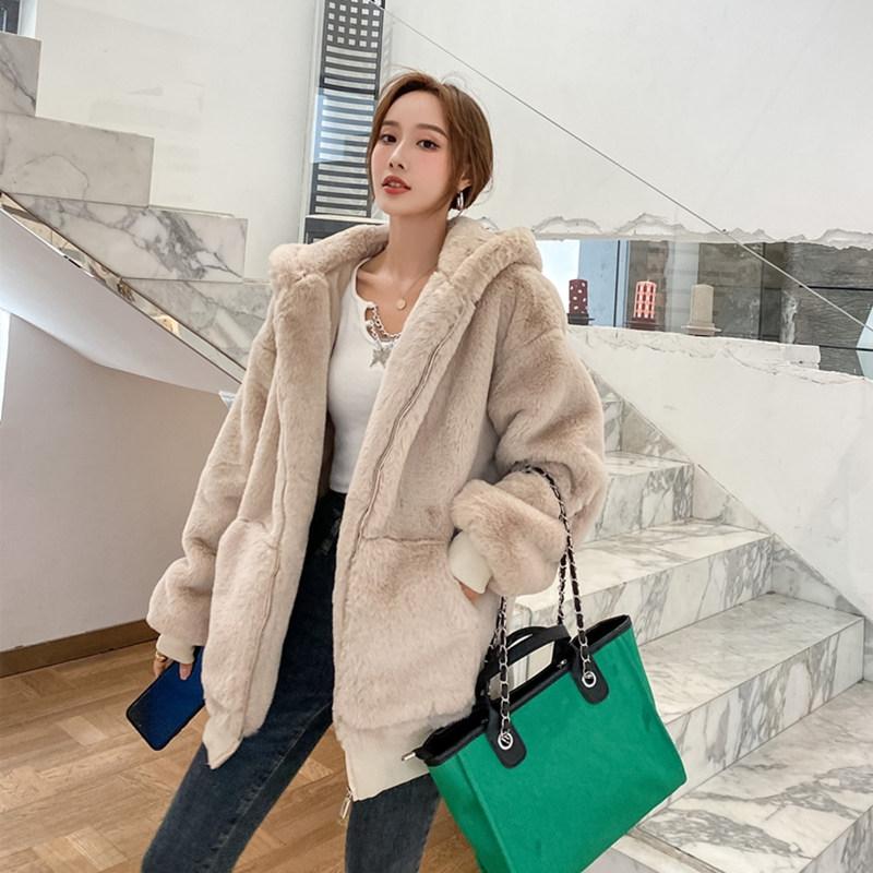 

Ladies Jacket And Coats Winter Fashion Solid Hooded Faux Fur Coat Warm Thick Loose Plush Overcoat Women Winter Jacket, Apricot