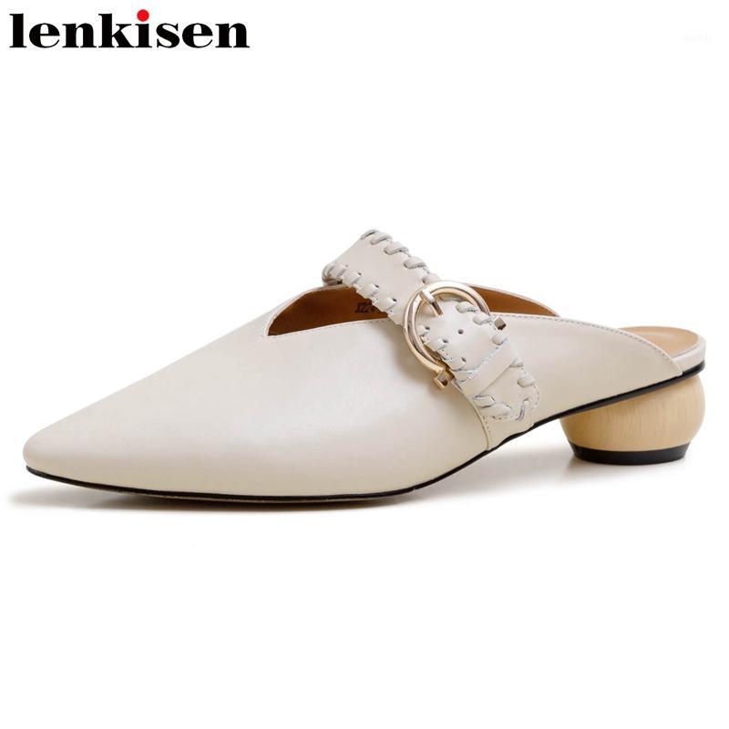 

Lenkisen simple style high quality handmade metal fasteners real leather pointed toe med strange heels mules slip on pumps L241, Beige