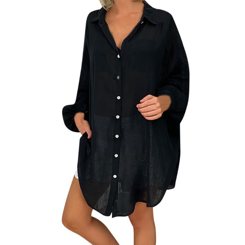 

New Women Casual Long Sleeve Solid V-neck Blouses Plus Size Fashion Female Simple loose button down daily Shirt chemisier femme, White