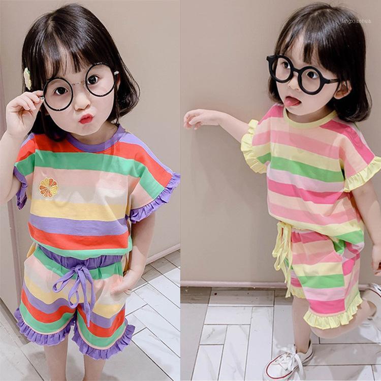 

2020 Striped Clothing Set for Kids Unisex Short Sleeve Shirt and Pants Suit Ruffles Decoration Two Pieces Clothing Set for Girl1, Pink