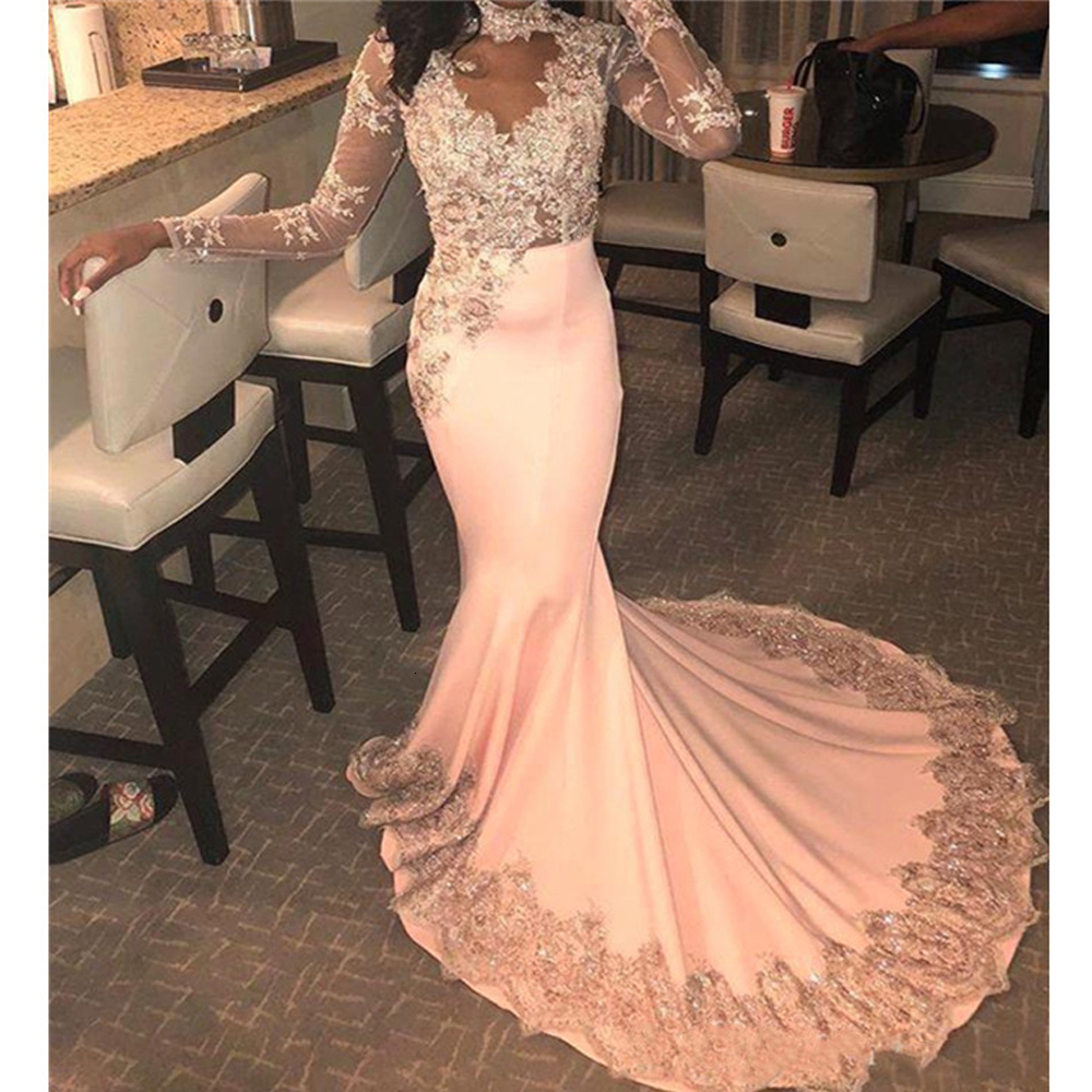

2021 New Dressed in Sexy Pink Gala Mermaid Prom Dress High Illusion Neck Sheer Ball Formal Sleeve Party Dresses IMNF