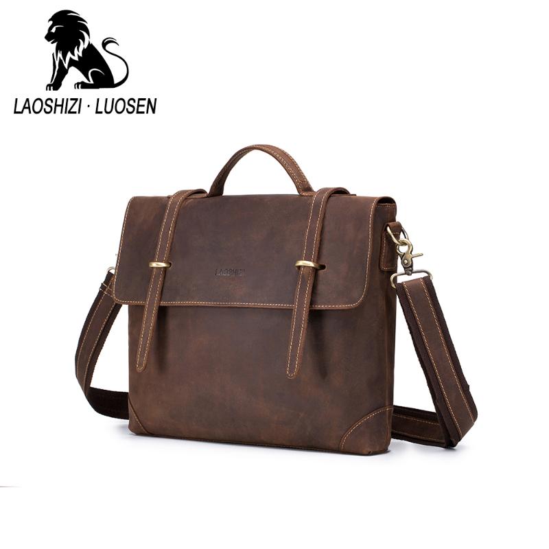 

LAOSHIZI LUOSEN Crazy Horse Leather Messenger Bag Laptop Briefcase For Men Business Strap Bag School Supplies, Brown