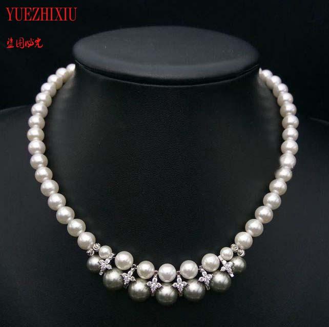 

8MM Round White 10mm Gray Sea Shell Pearl Necklace Women Girls Gifts Beads big 925 Silver collarbone chain Wholesale price