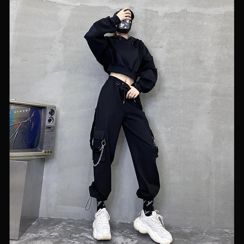 

Jogger Black Cargo Pants Women Chain Detachable Ribbons Harajuku Gothic Pants Sweatpants Women Baggy Trousers, Black;white