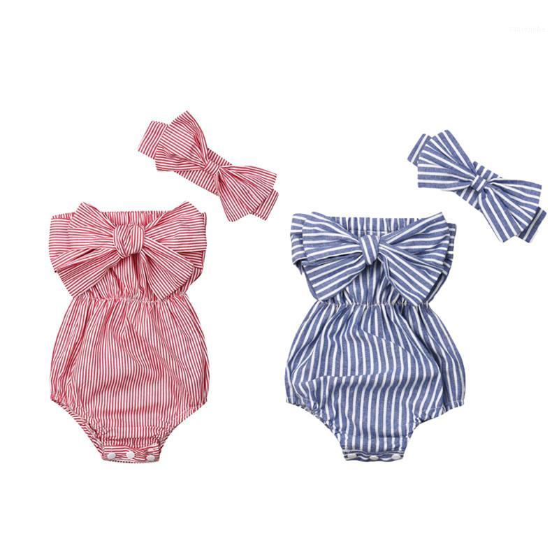 

Pudcoco Baby Girls Off Shoulder Striped Romper Jumpsuit + Headband Newborn Summer Outfits Clothes Set 0-24M1, Blue