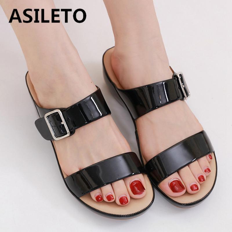 

ASILETO New 2021 Women Sandals Open Toe 4cm Wedge Heels Patent Leather Buckle Slip-On Stylish Classic Big Size 36-42 S21591, Red