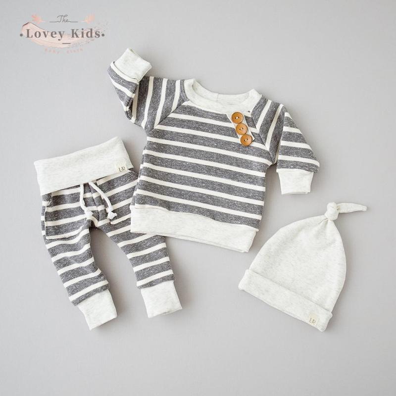 

2020 Autumn Toddler Baby Boy Girls Striped Outfit Kids Infant 3PCS Long Sleeve Tops Pants Hat Cap Set Clothing Newborn Costume, Gray