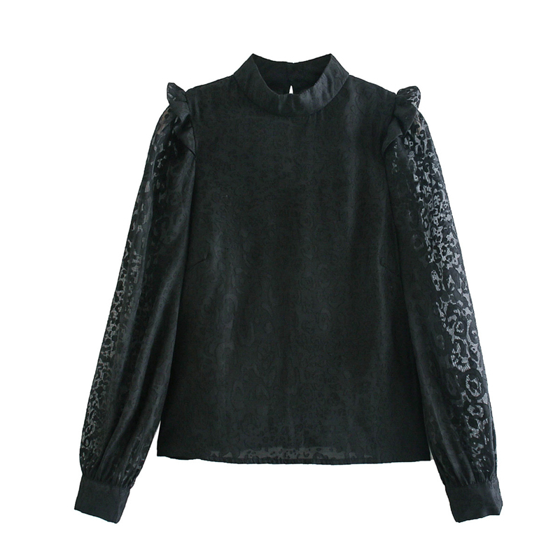 

New Women Leopard Shirts 2021 Fashion Ladies Ruffles Patchwork Tops Streetwear Female Chic Transparent Gauze Blouses U1xq, Black