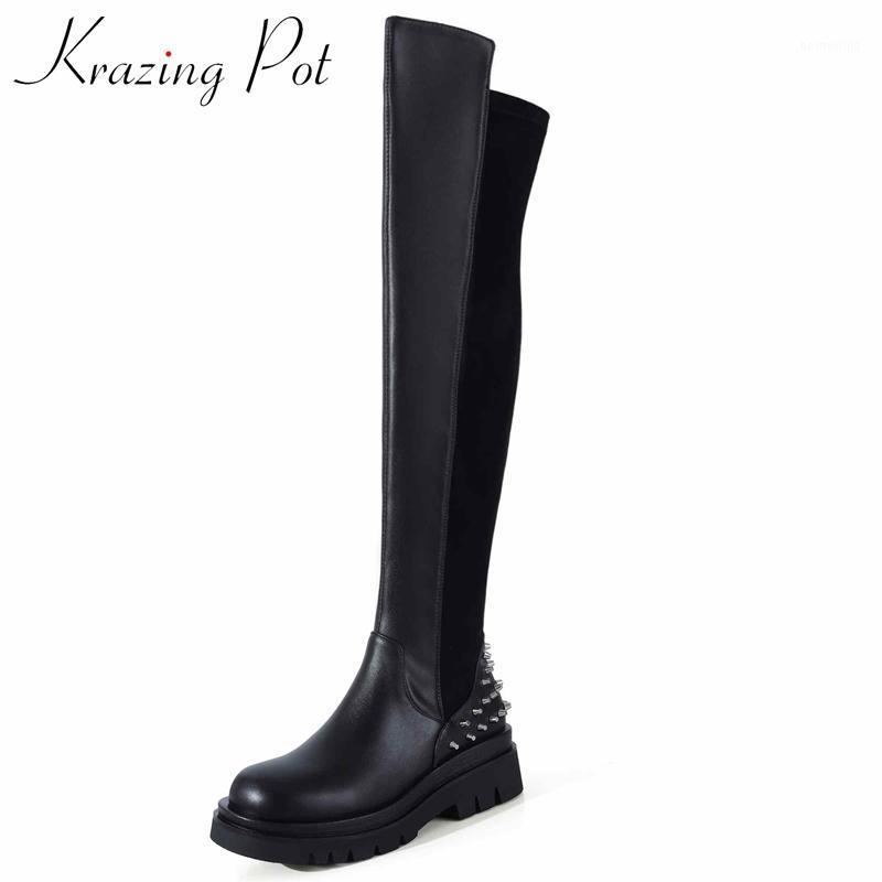 

Krazing Pot motorcycle boots natural leather rivet decorations round toe thick med heel slip on coolest over-the-knee boots L901, Black