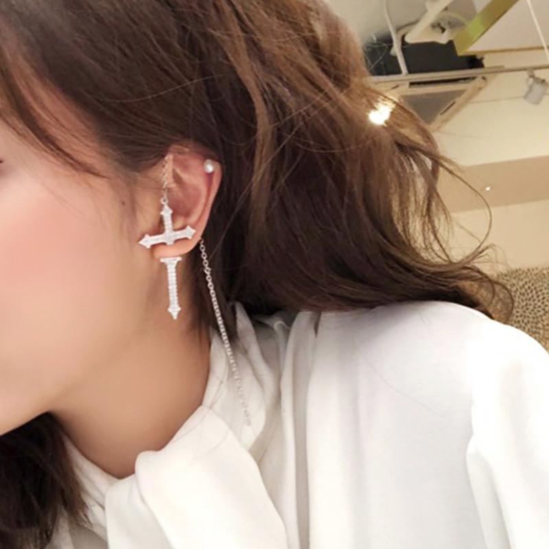 

Kpop Punk Detachable Cross Shiny Rhinestone Long Chain Drop Earrings Pendientes Brincos Kolczyki For Women Egirl Trendy Jewelry