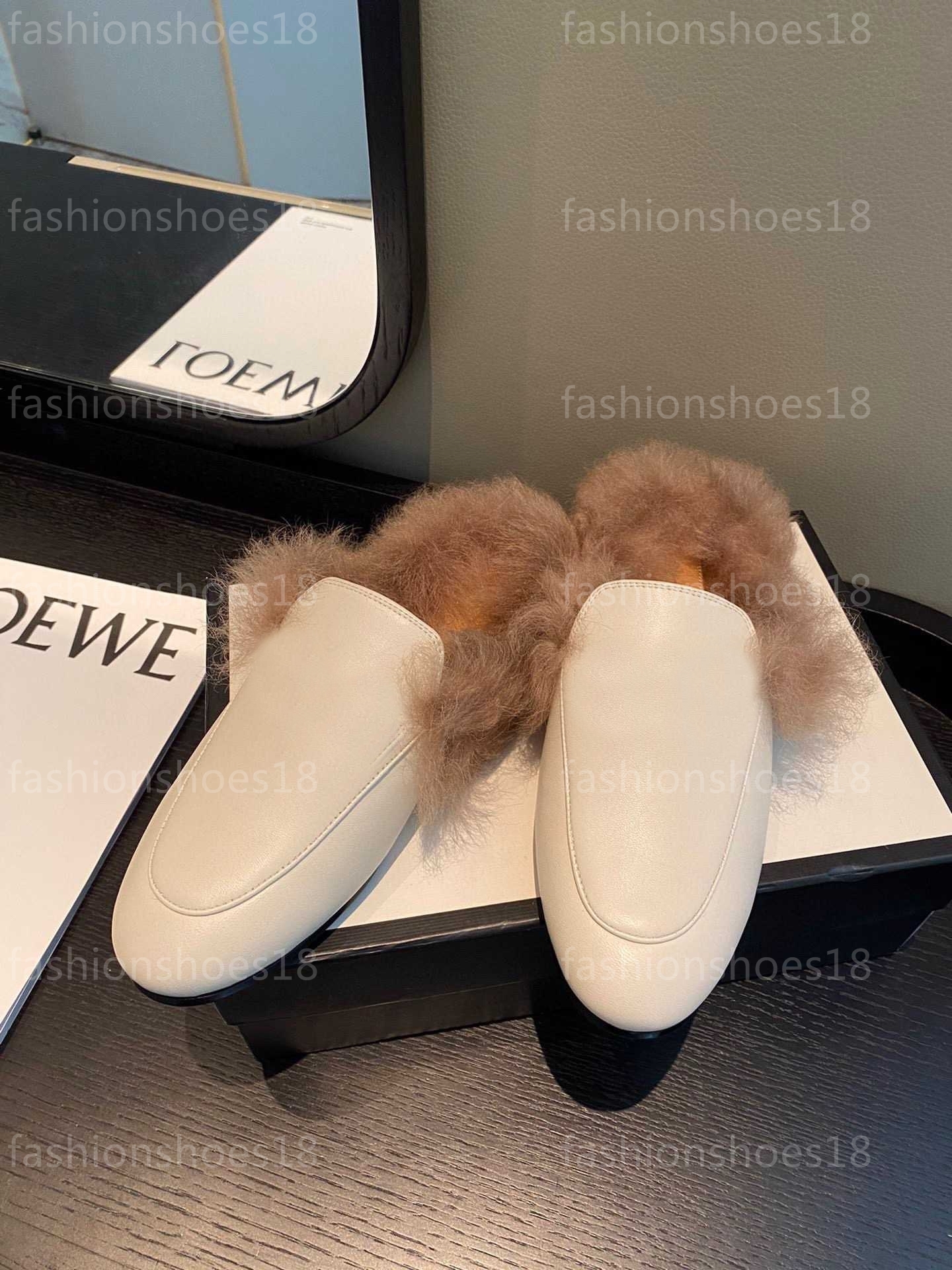

2022 Fur Slippers womens shoes canvas wool slipper leather scuffs velvet loafers flats with horsebit beach flip flops for men, 12